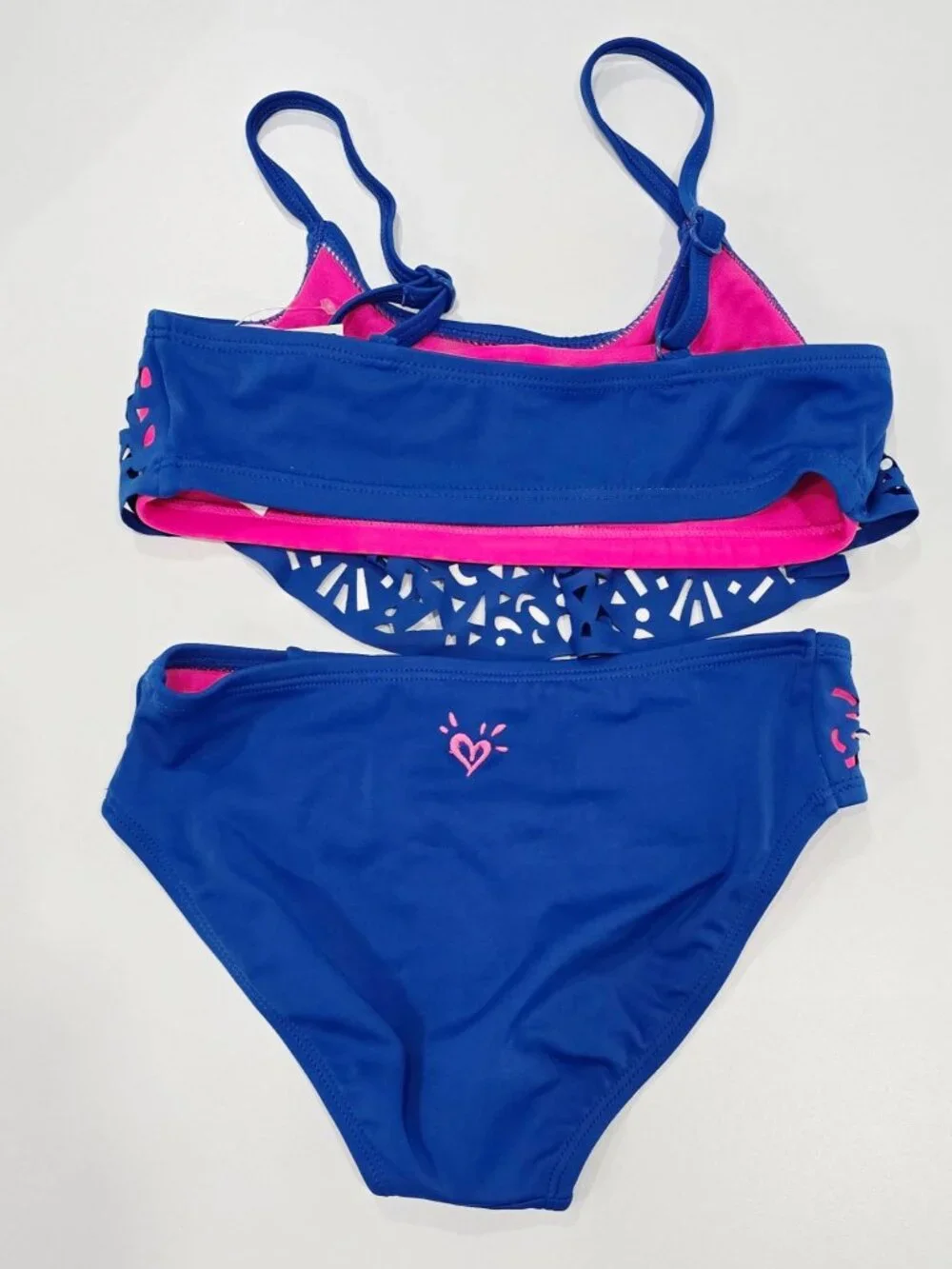 Justice ✦ Girls Bikini Set ✦ Blue Pink Laser-Cut Ruffle UPF 50+ Size 7